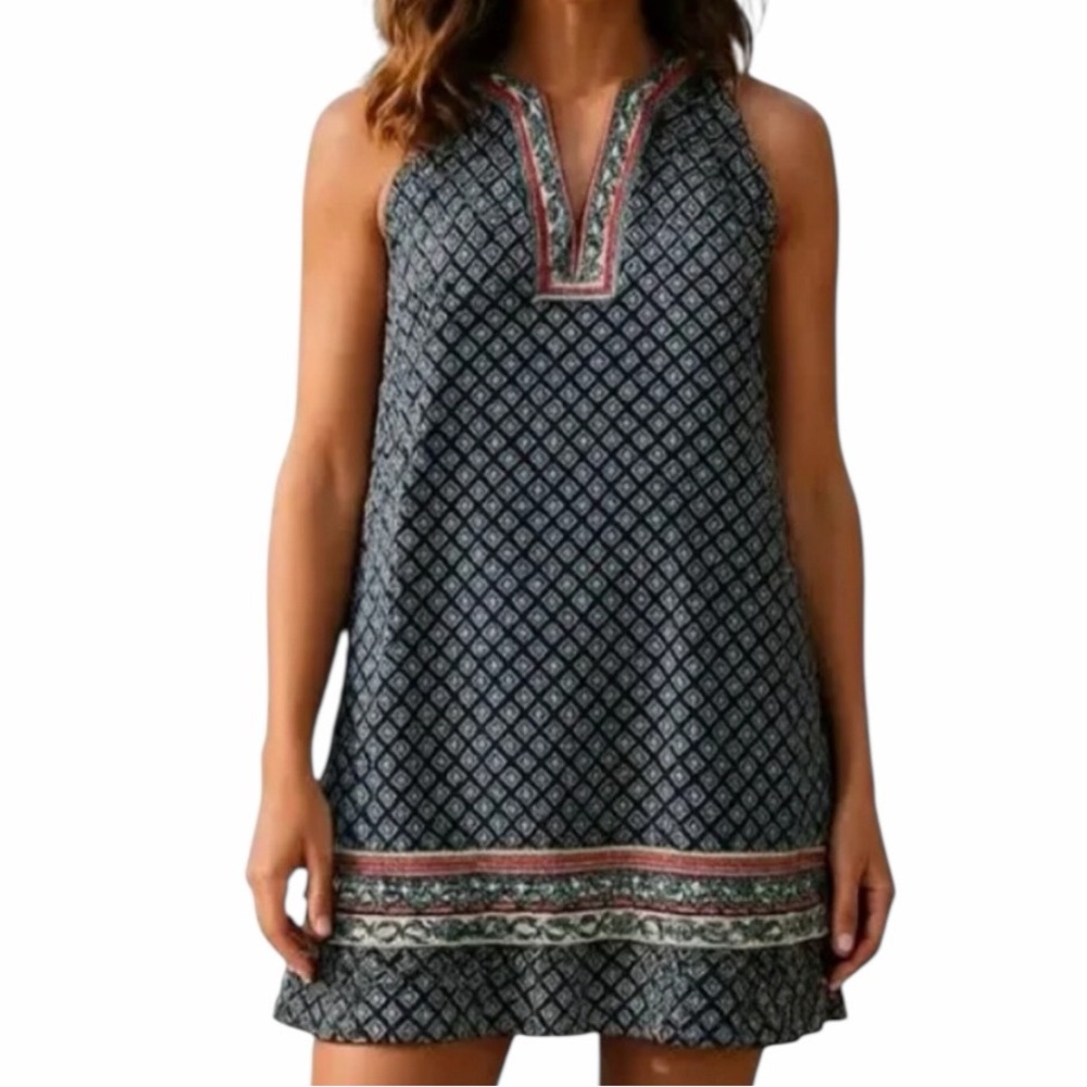 THML "Faye" Navy Background/All Over Print and Embroidered Detail Mini Dress S